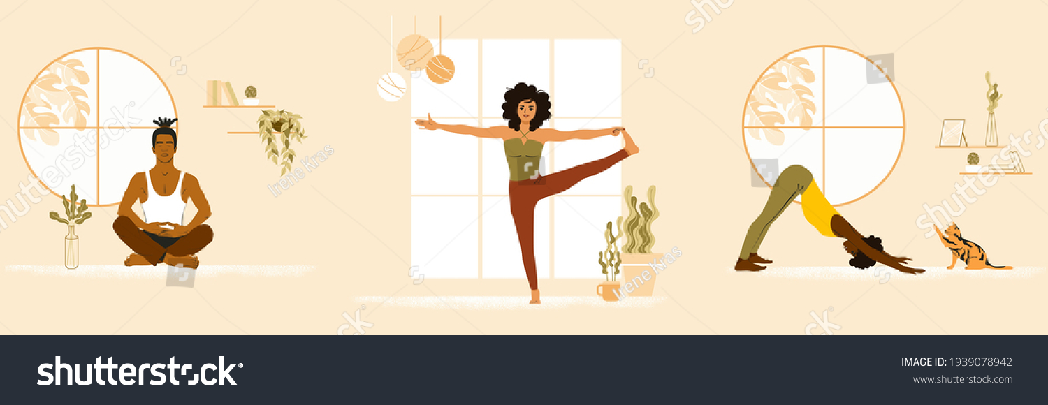 SVG of Set of young people doing yoga at home. African American woman, Asian man and white girl at yoga class. Flat vector illustration svg