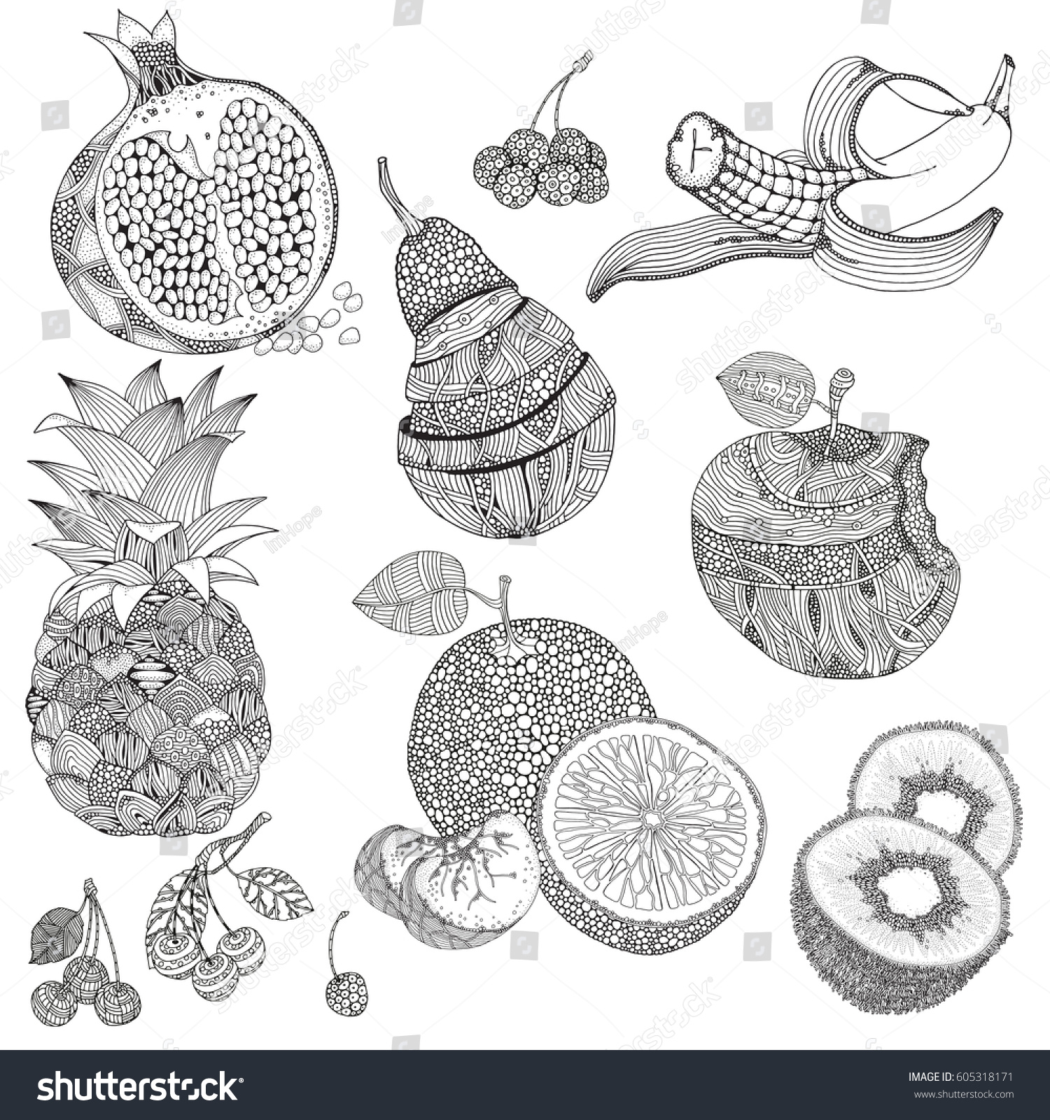 Set Zentangle Fruits Berries Black White Stock Vector 605318171  Shutterstock