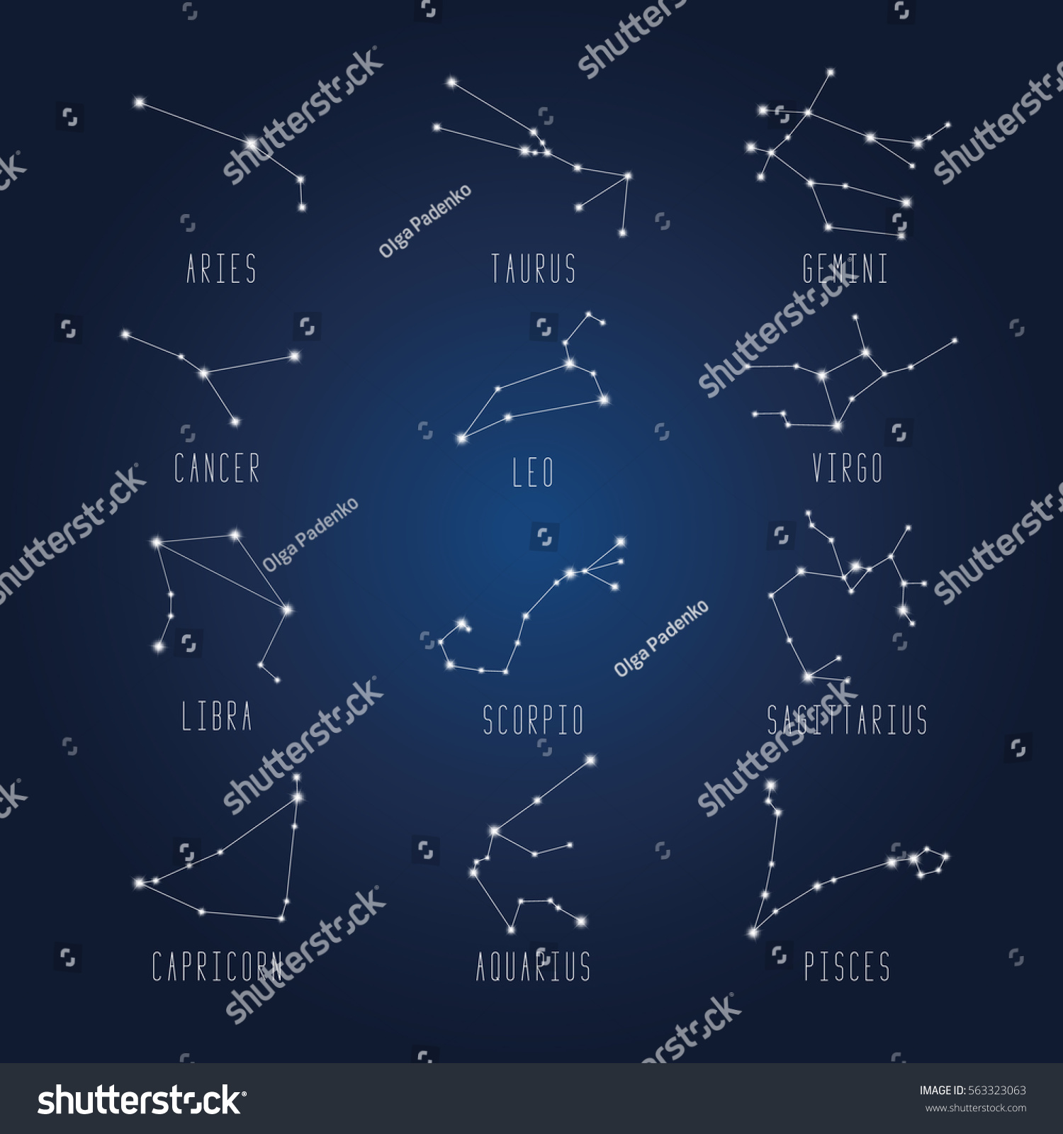 Set Zodiac Constellation On Dark Blue Stock Vector (Royalty Free) 563323063