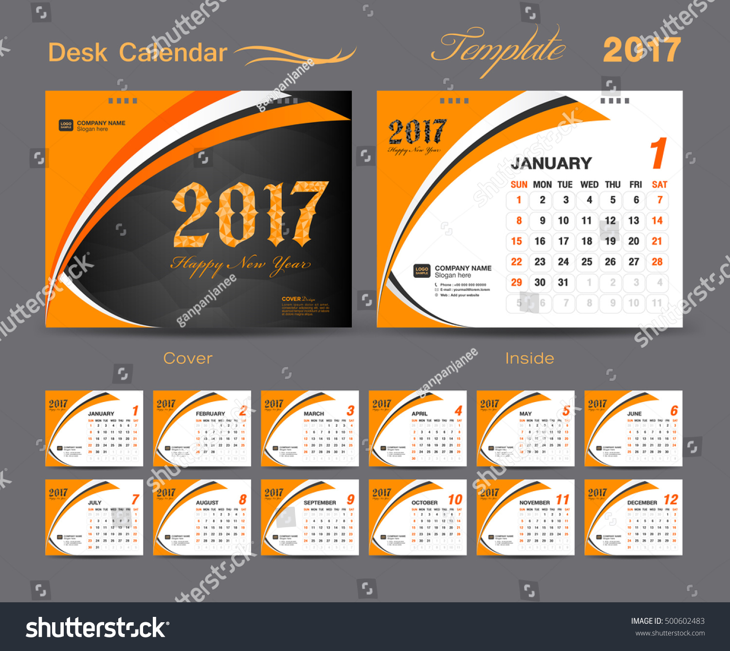 Set Orange Desk Calendar 2017 Template Stock Vector 500602483 Set Orange Desk Calendar 2017 Template Stock Vector 500602483