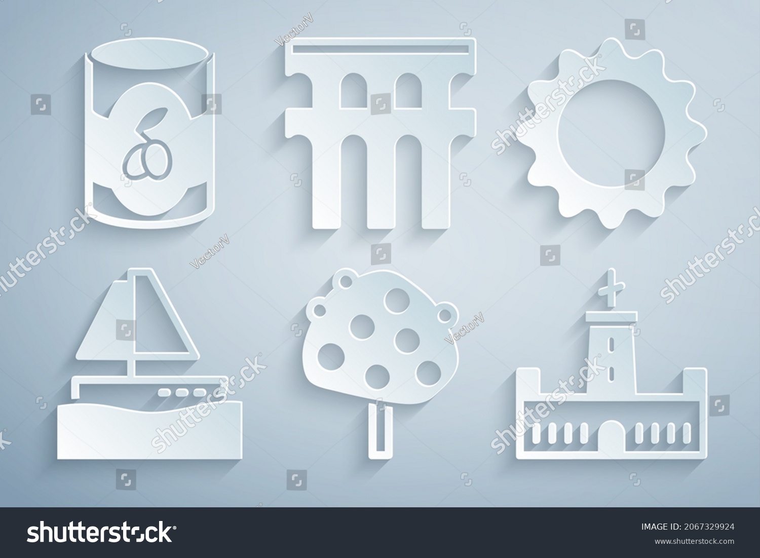 SVG of Set Orange tree, Sun, Yacht sailboat, Montjuic castle, Aqueduct of Segovia and Olives in can icon. Vector svg