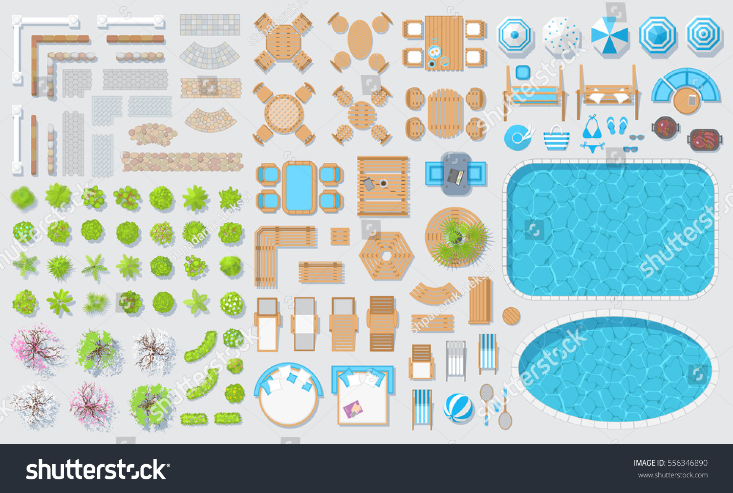 Set Patios Elements Outdoor Furniture Top View Fences Paths Trees Set Patios Elements Outdoor Furniture Top View Fences Paths Trees