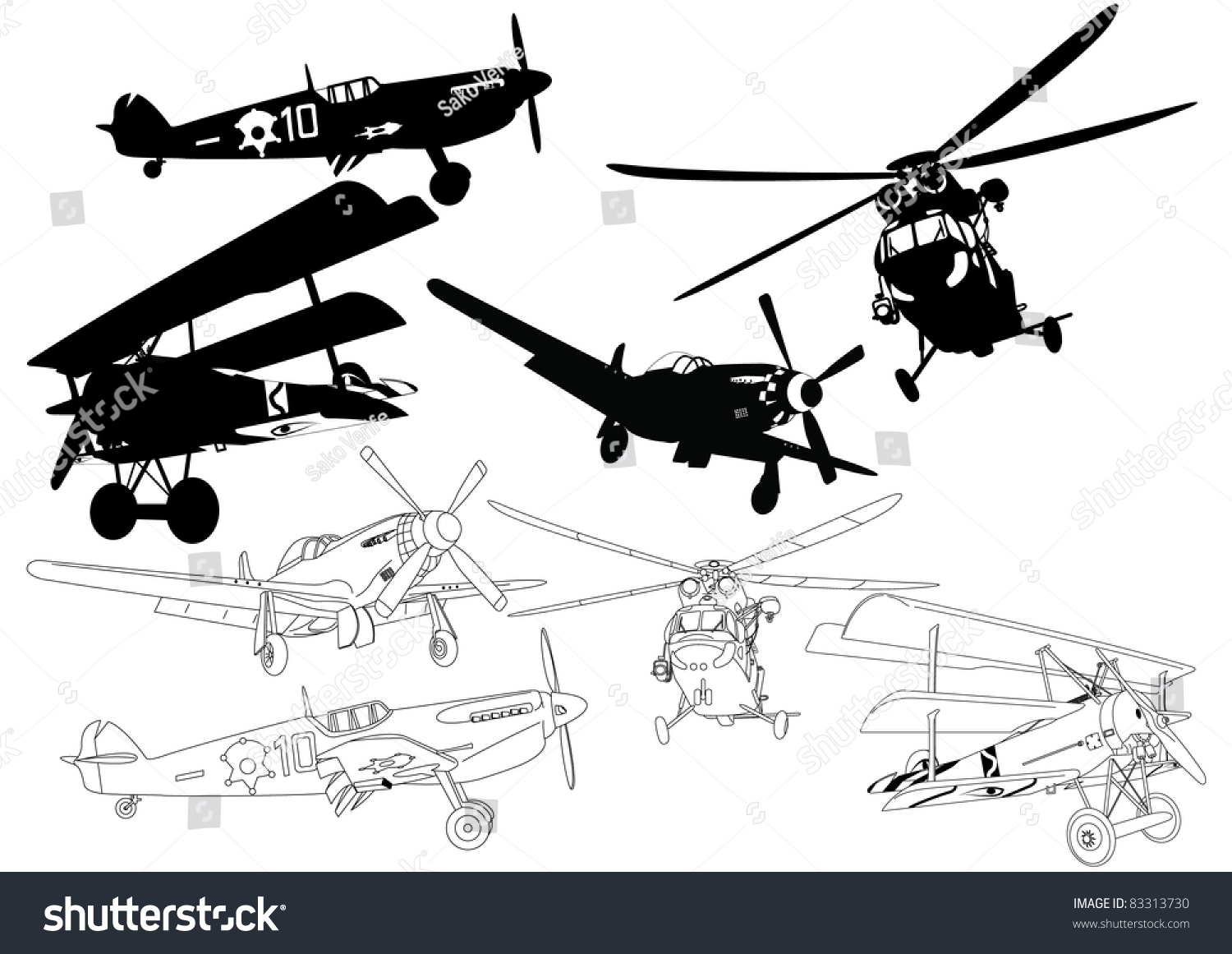 Set Propeller Aircraft And Helicopters Silhouette Stock Vector ...