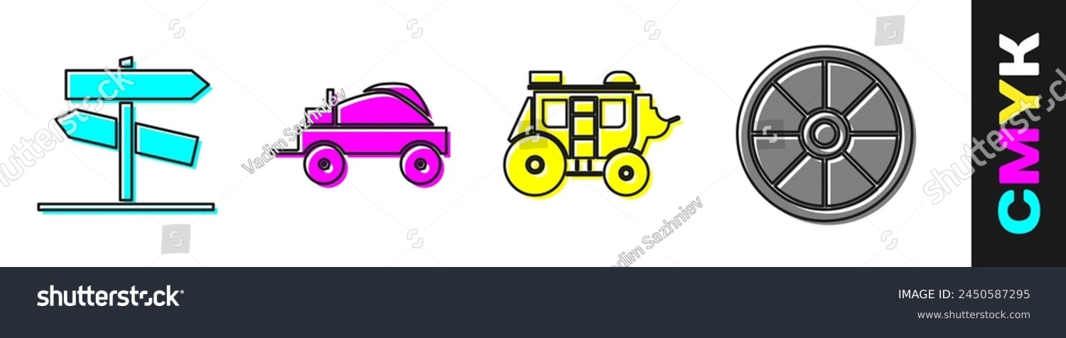 SVG of Set Road traffic signpost, Wild west covered wagon, Western stagecoach and Old wooden wheel icon. Vector svg