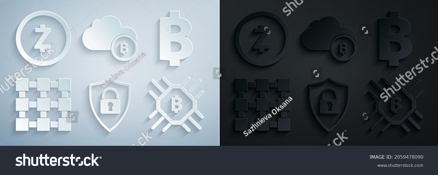 SVG of Set Shield security with lock, Cryptocurrency coin Bitcoin, Blockchain technology, CPU mining farm, cloud and Zcash ZEC icon. Vector svg