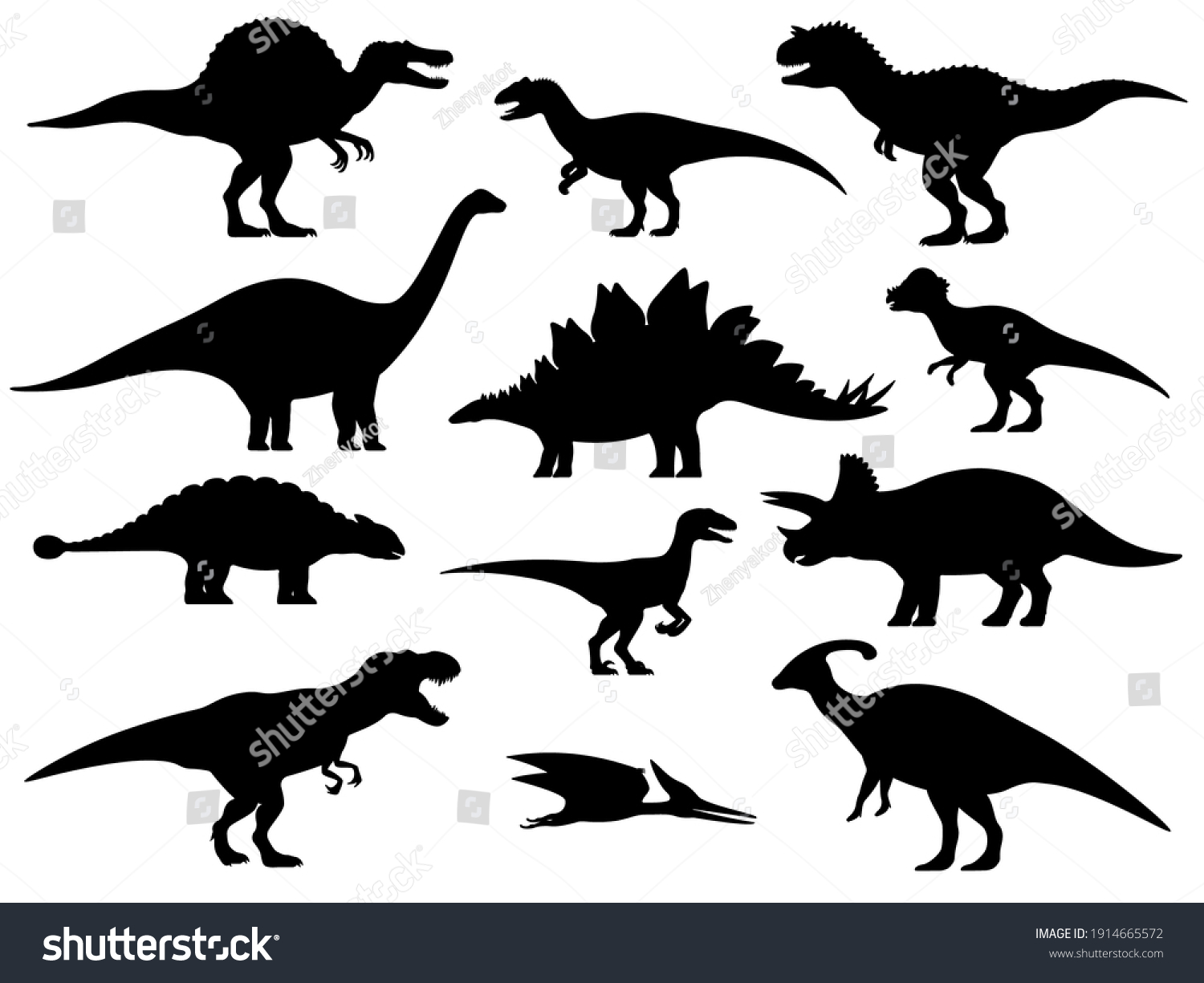 SVG of Set silhouettes of dinosaurs. Vector illustration group of black dinosaur silhouette icons isolated on white. Logo side view, profile. svg
