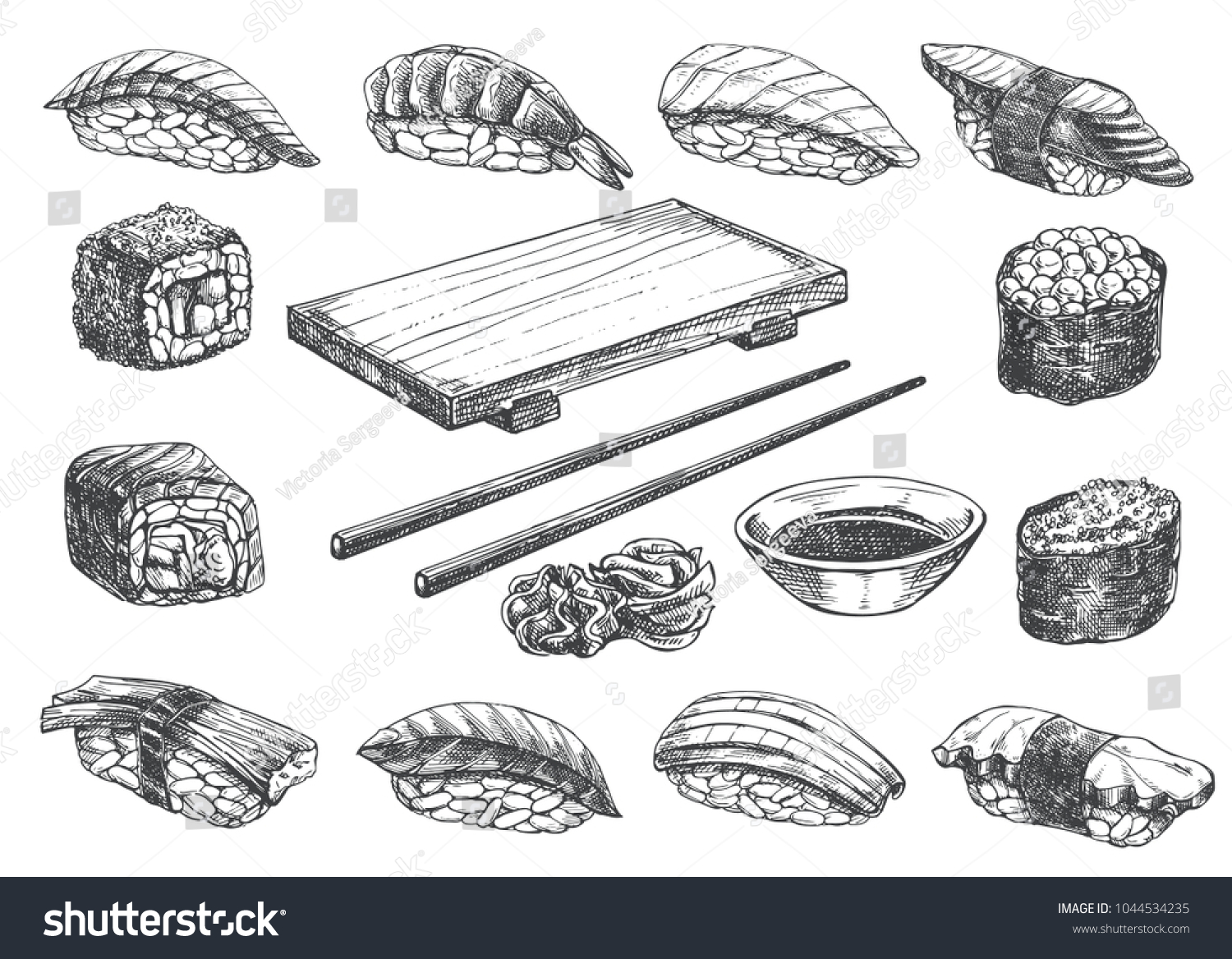Set Sketch Sushi Roll Wooden Geta Stock Vector (Royalty Free ...