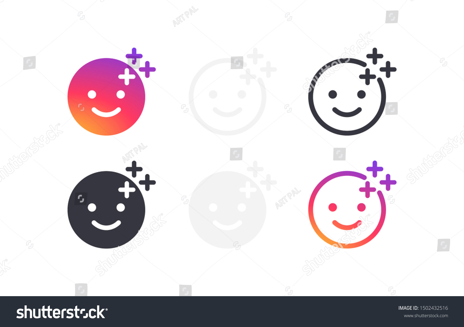 SVG of Set smile icons with pluses. Templates social media buttons filter, effect stories. Web symbols app, ui. Social media concept. Vector illustration. EPS 10 svg