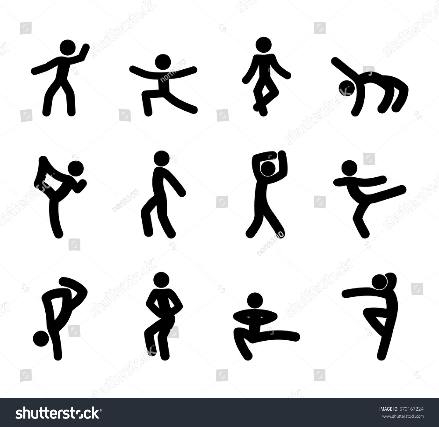 Set Stick Figures Dance Moves Isolated Stock Vector