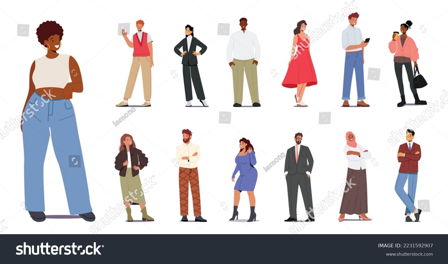 SVG of Set Stylish Multinational People. Male and Female Characters, Caucasian, Arab, African or Asian Men and Women Wear Trendy Clothes. Multiethnic Persons in Modern Apparel. Cartoon Vector Illustration svg