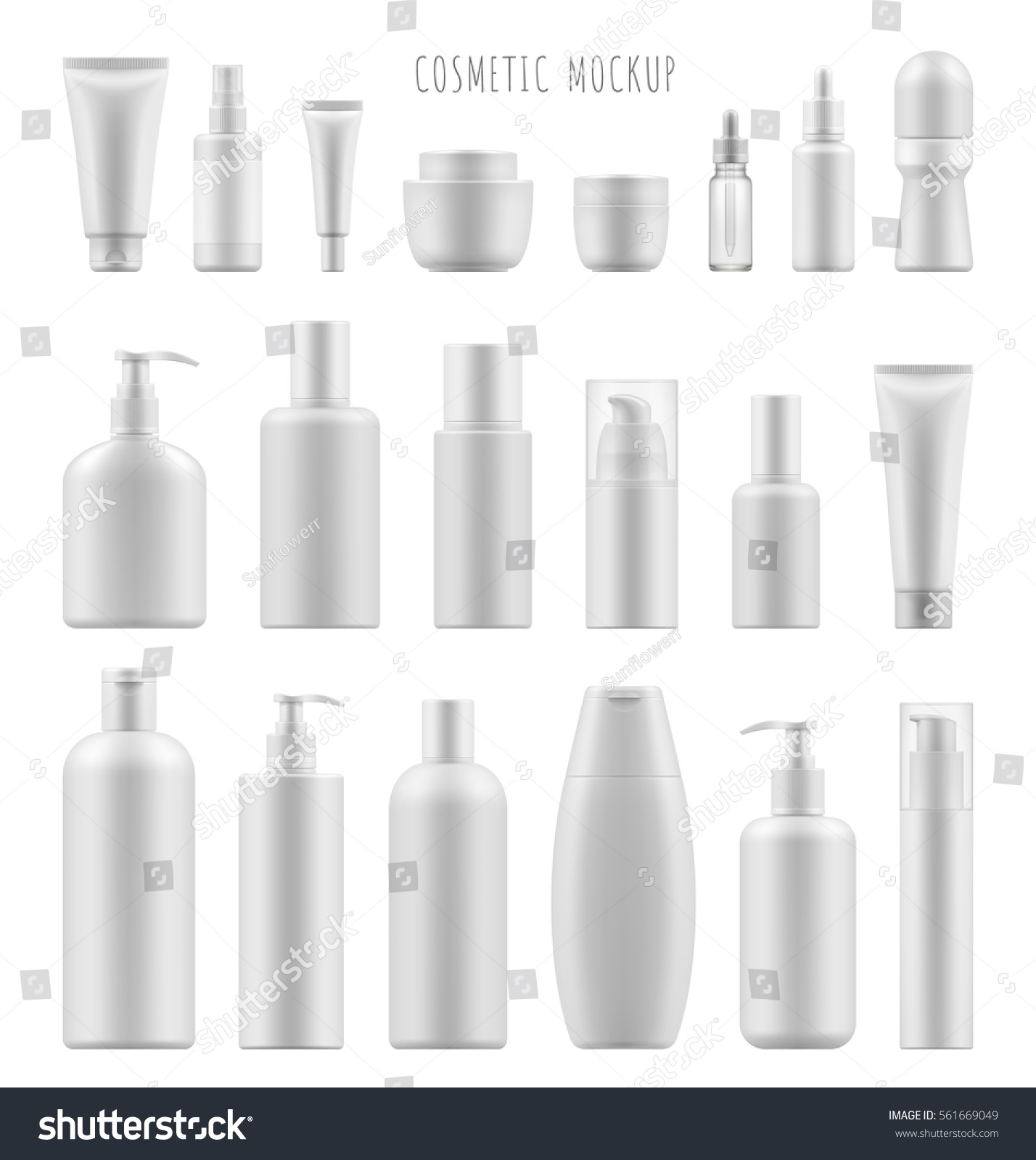 SVG of Set vector blank templates of empty and clean white plastic containers: bottles with spray, dispenser and dropper, cream jar, tube. Realistic 3d mock-up of cosmetic package. svg