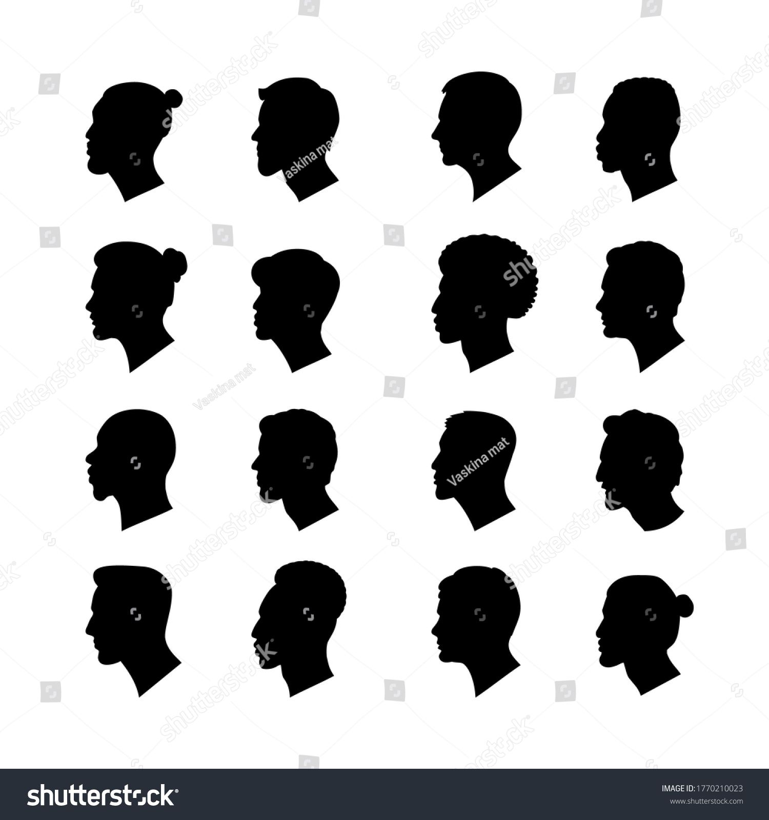 SVG of Set vector illustration of men's heads in profile of european and asian and also afro-american nationality black silhouette on a white background. svg