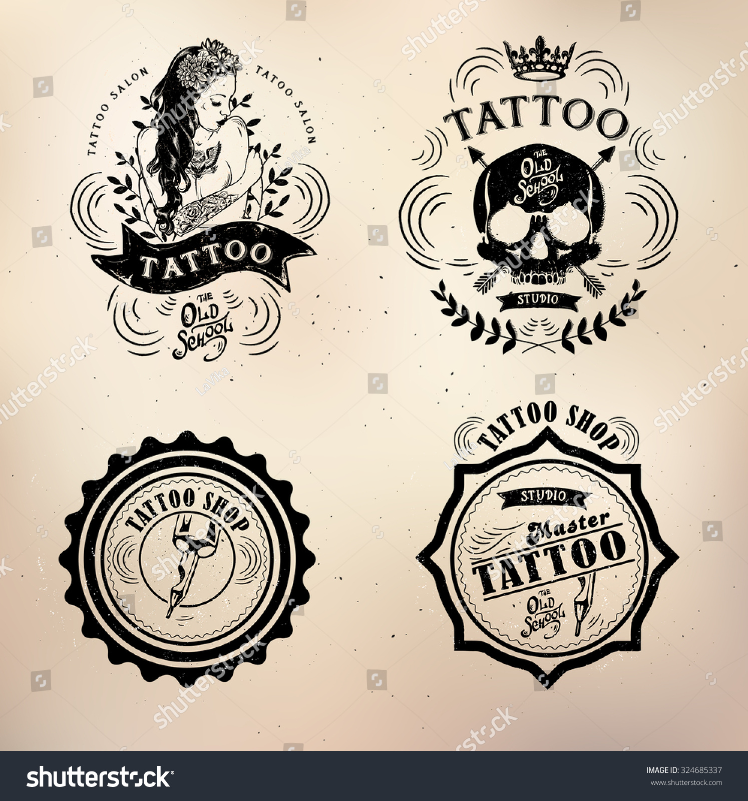 Set Vector Tattoo Studio Logo Templates On Dark Background. Cool Retro ...