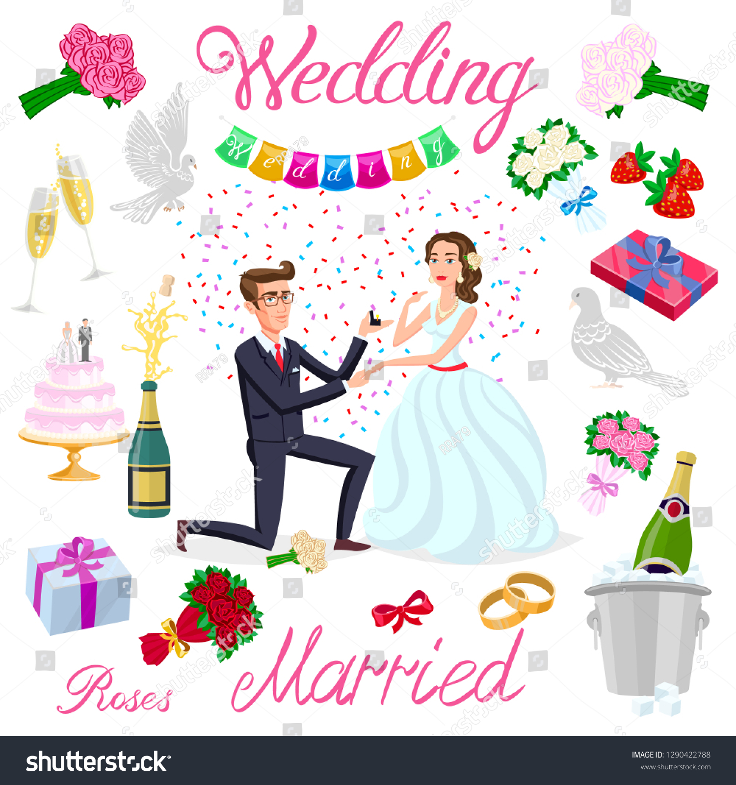 Set Vector Wedding Just Married Couple Stock Vector Royalty Free 1290422788