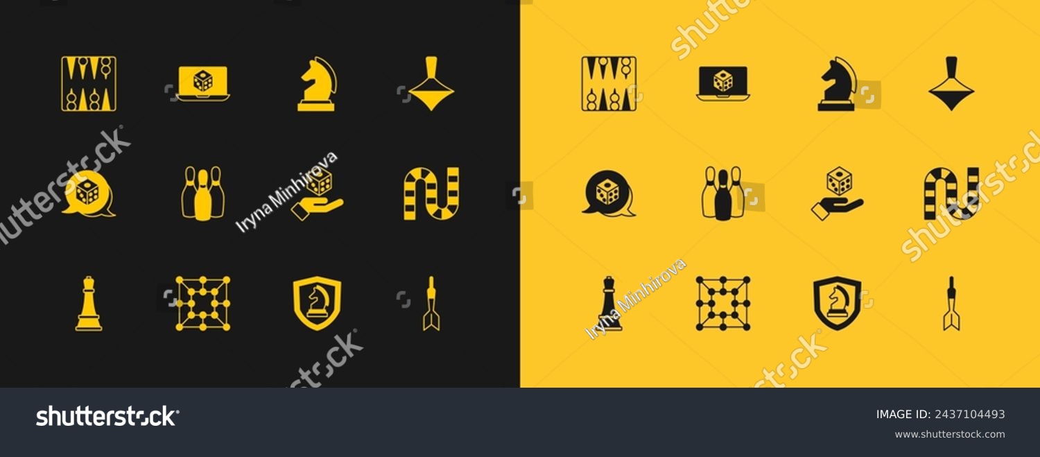 SVG of Set Whirligig toy, Board game, Game dice, Chess, Bowling pin, Backgammon board and  icon. Vector svg