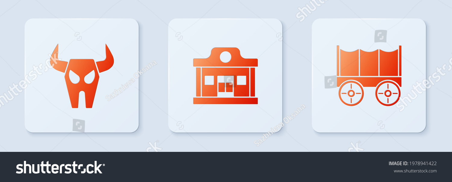 SVG of Set Wild west saloon, Buffalo skull and covered wagon. White square button. Vector svg