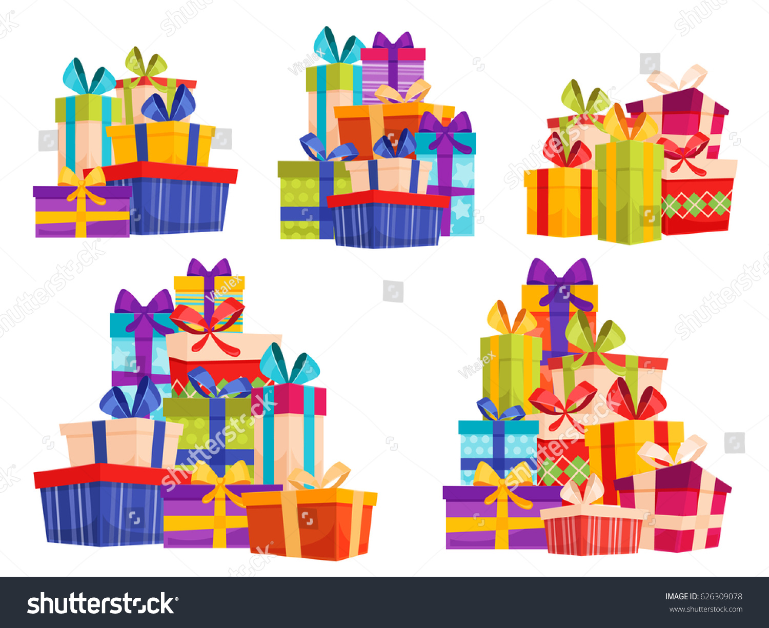 Set Big Piles Colorful Wrapped Gift Stock Vector 626309078 - Shutterstock