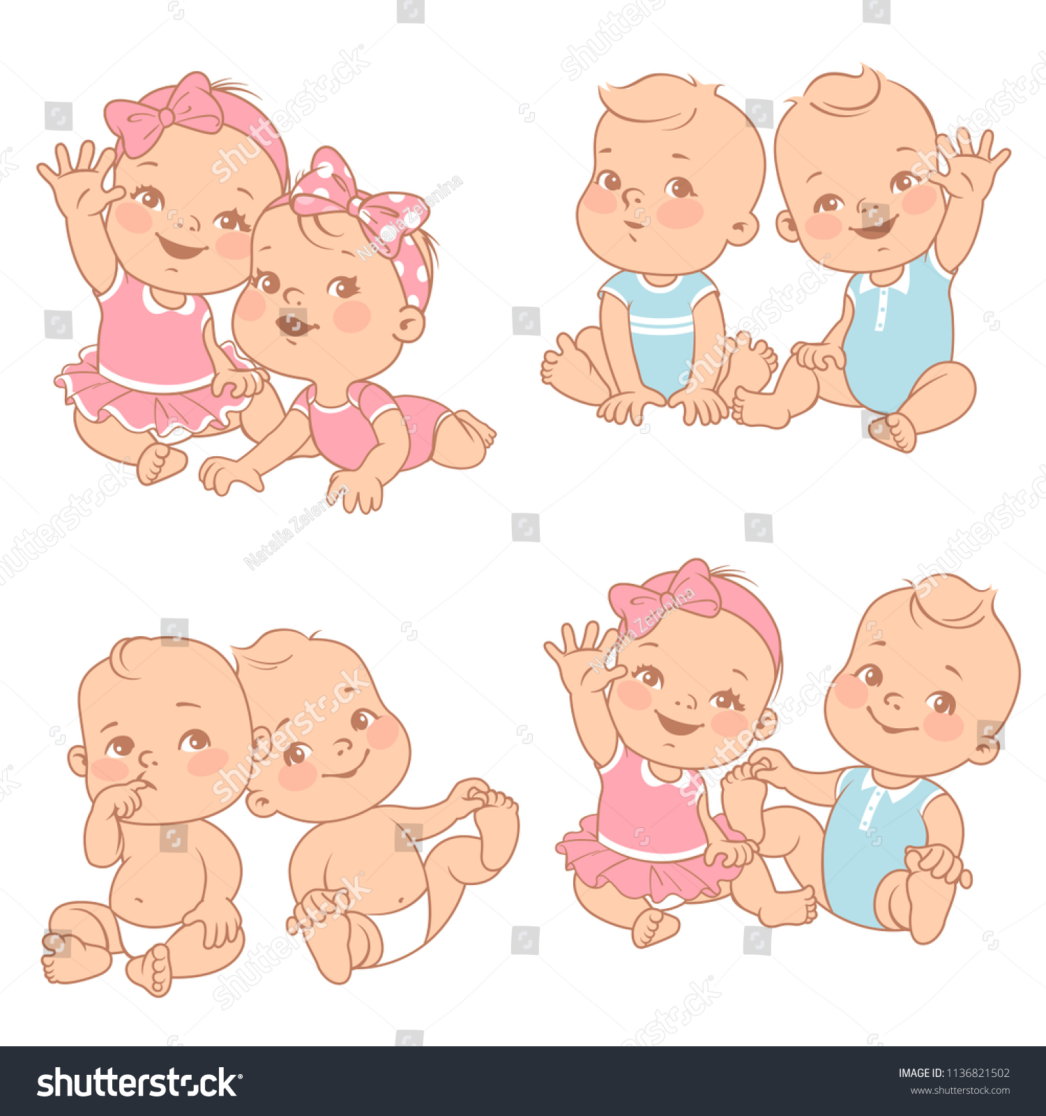 かわいい双子の赤ちゃんをセットに ベビーシャワーのイラスト 双子の女の子と男の子 異なる兄弟のペア 手をなびく妹と兄 ベクター画像のカラーイラスト のベクター画像素材 ロイヤリティフリー