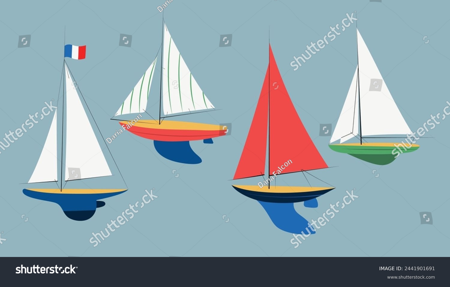 SVG of Set with four different sailing boats,  vintage style yacht models. Hand drawn vector illustrations, isolated on water blue background svg