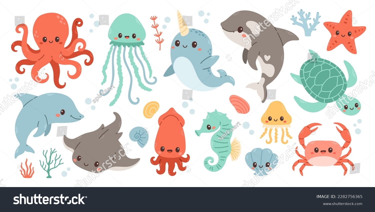 SVG of Set with hand drawn sea life elements. Sea animals. Vector doodle cartoon set of marine life objects for your design.  svg