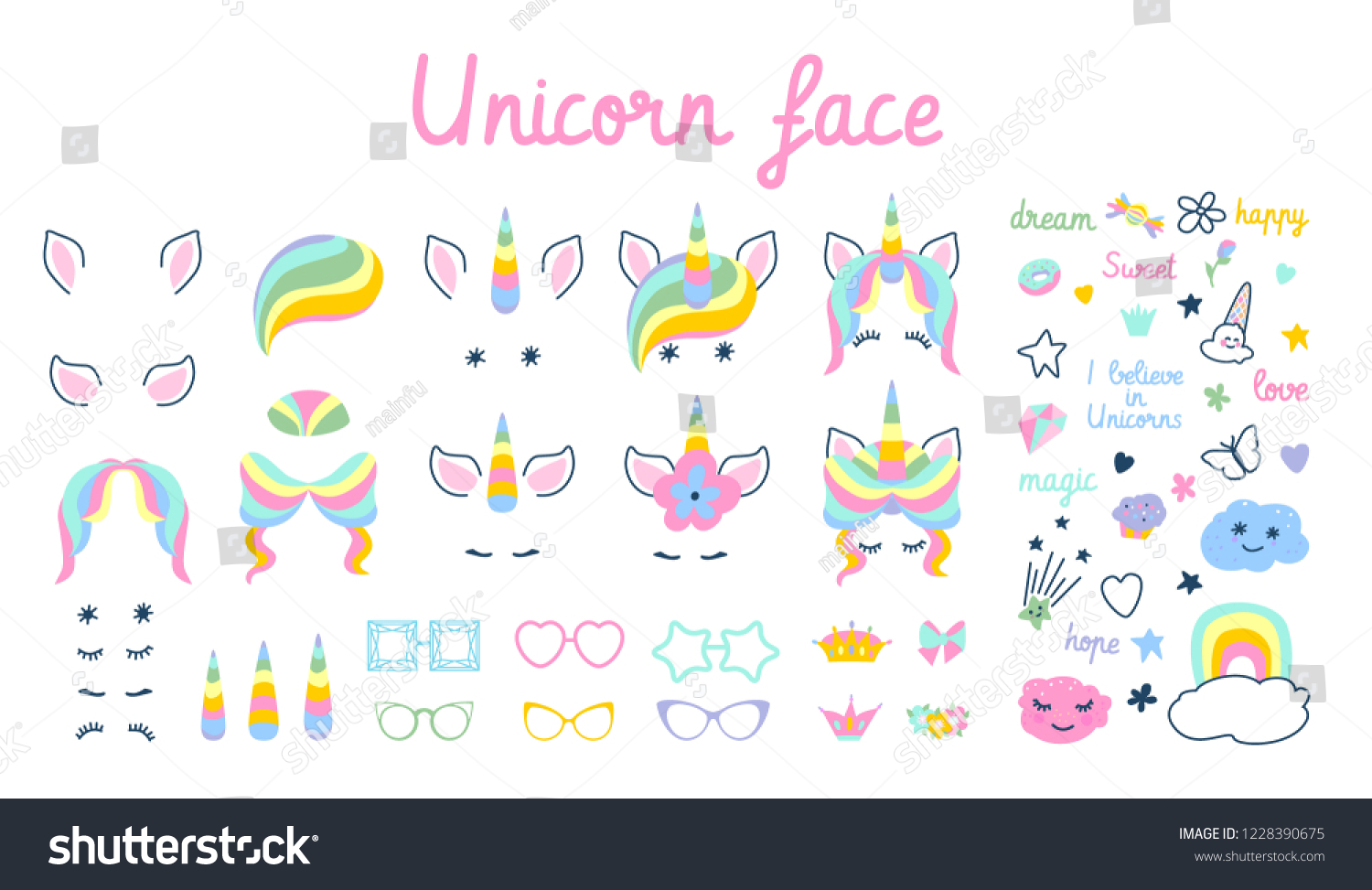 Download Set Masks Photos Cute Unicorn Face Stock Vector Royalty Free 1228390675 PSD Mockup Templates