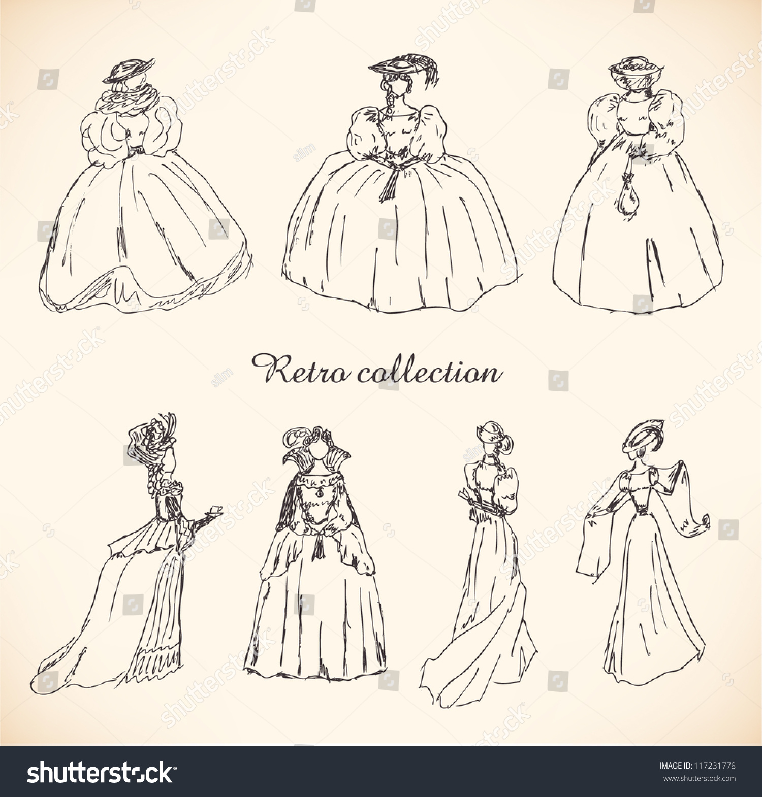 Set Sketches Women Retro Clothes Ladies 