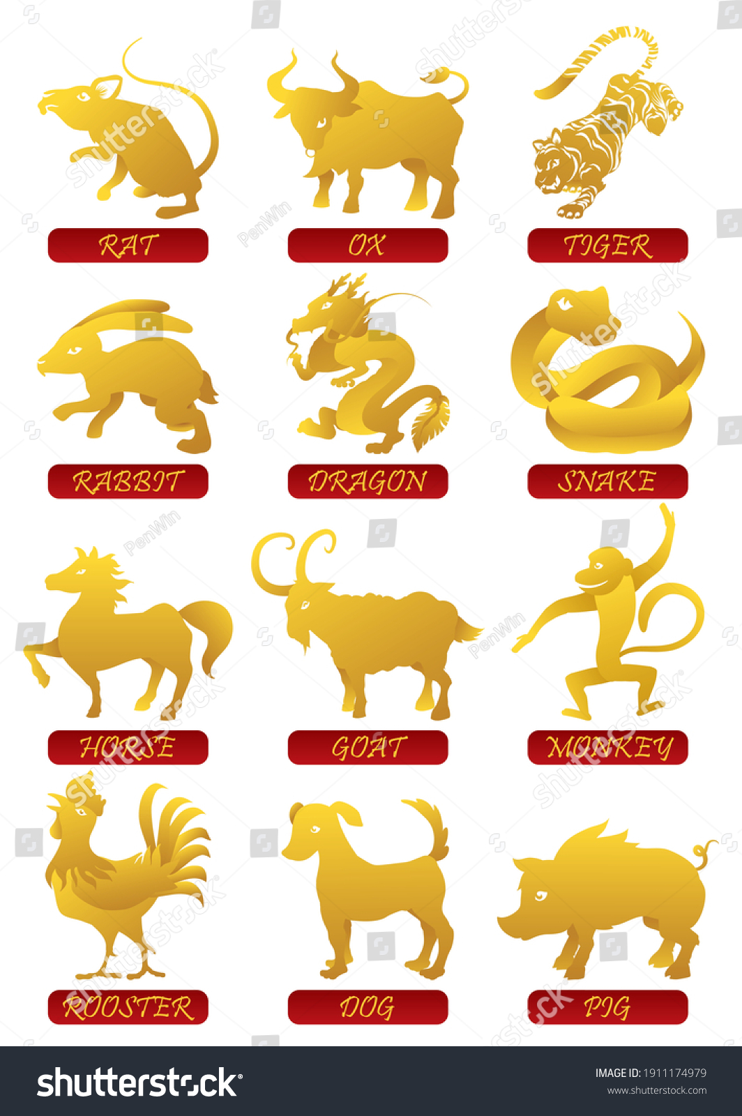 Set Chinese Zodiac Animals Golden Silhouettes Stock Vector (Royalty ...