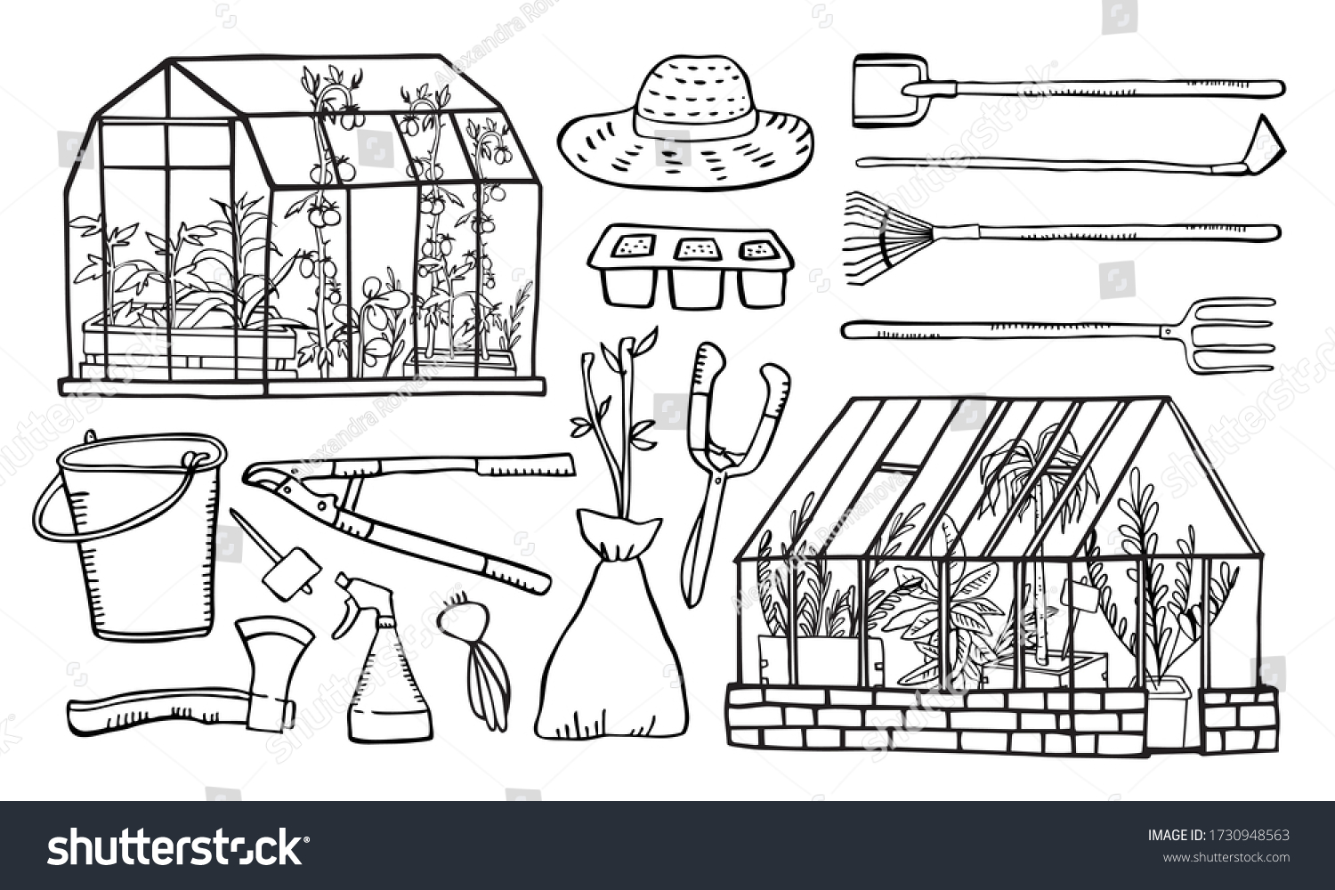SVG of Set with two greenhouses and plants inside, gardening tools and seedings. Hand drawn outline vector sketch illustration svg
