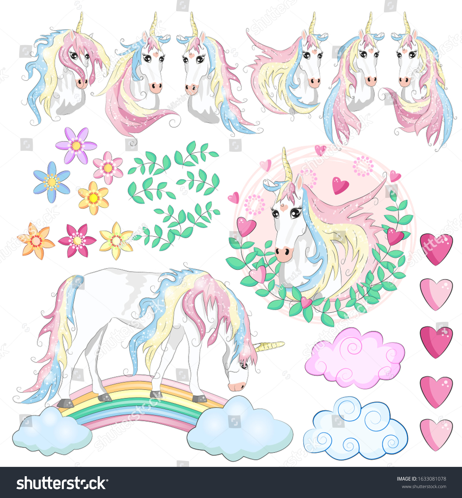 Set Unicorns Flowers Leaves Hearts Rainbow Stock Vector (Royalty Free ...