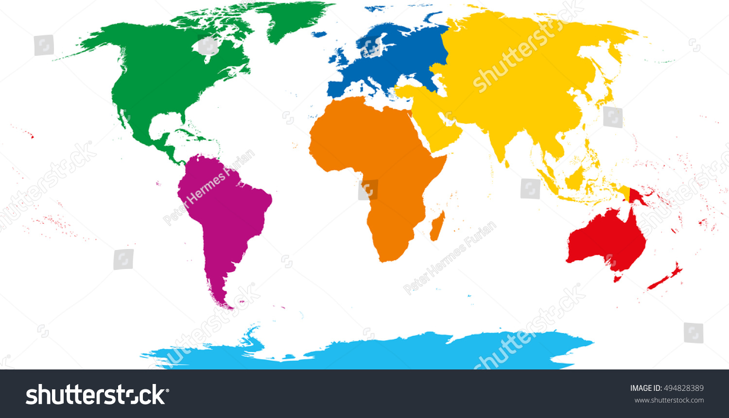 seven continents map asia yellow africa orange north america green south america