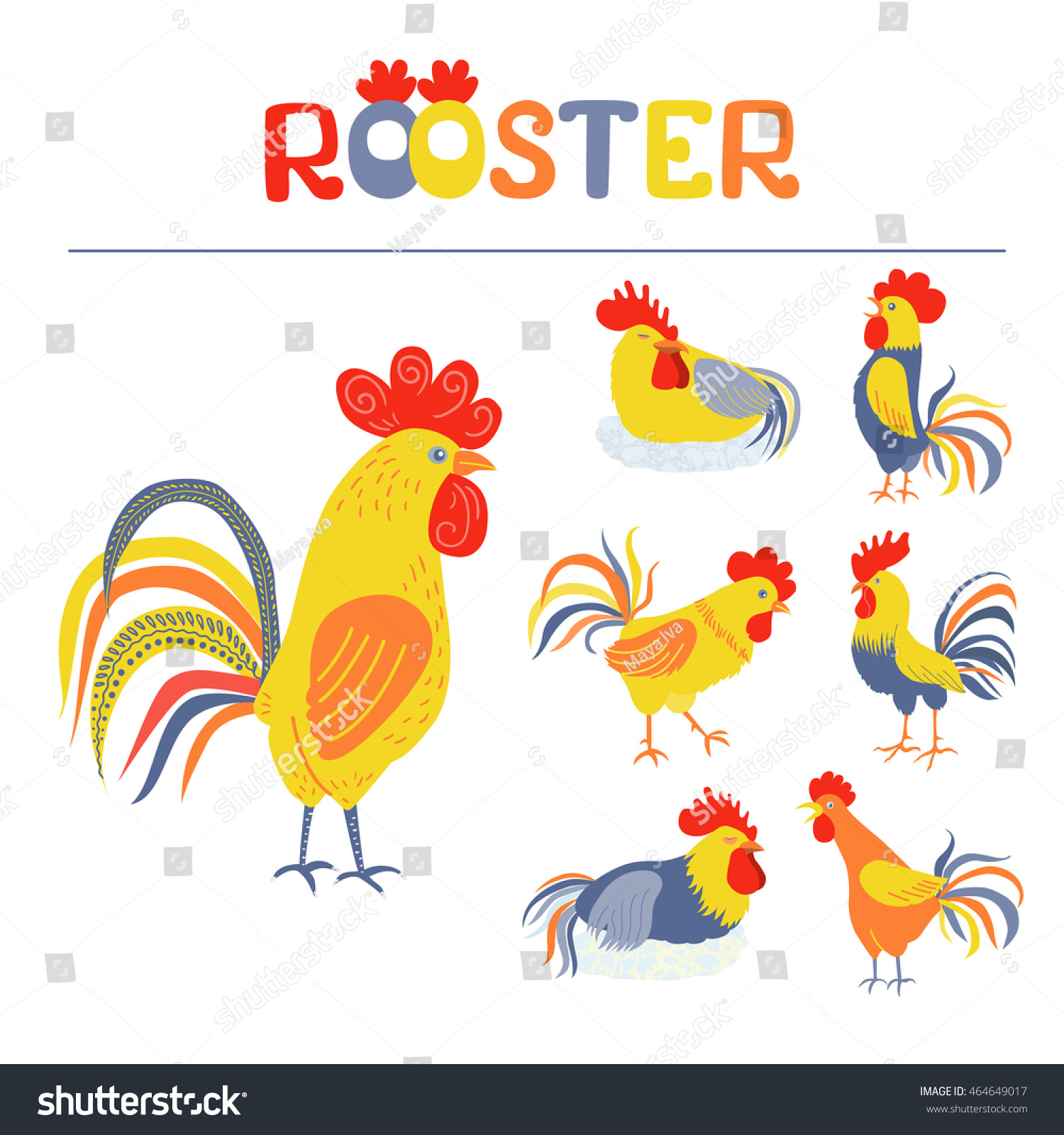 SVG of Seven lovely cockerels on a white background. Illustration in flat style. Rooster Set, with Standing rooster, Cock crowing. Cock-a-doodle-doo. Cockerel sleeps. Rooster symbol of Chinese New Year svg
