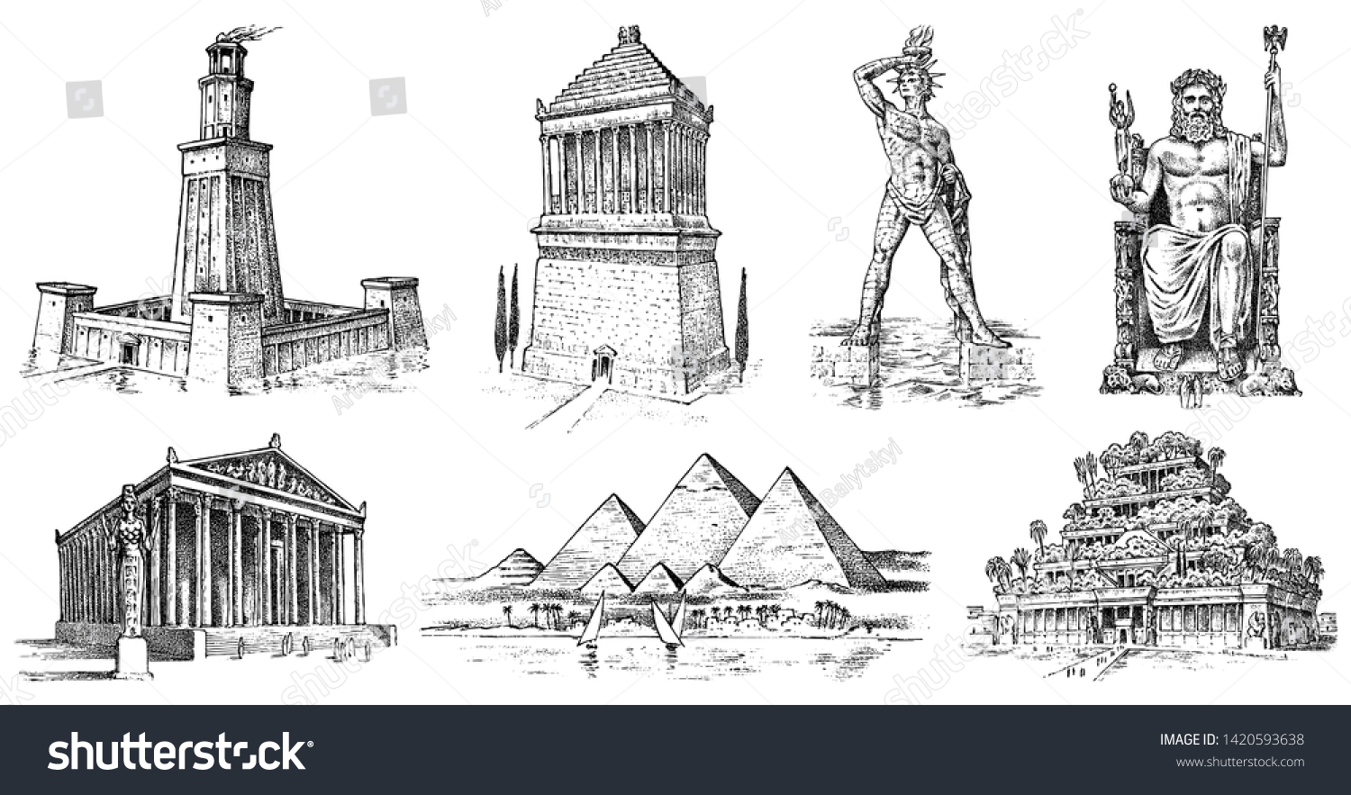 SVG of Seven Wonders of the Ancient World. Pyramid of Giza, Hanging Gardens of Babylon, Temple of Artemis at Ephesus, Zeus at Olympia, Mausoleum at Halicarnassus, Colossus of Rhodes, Lighthouse of Alexandria svg