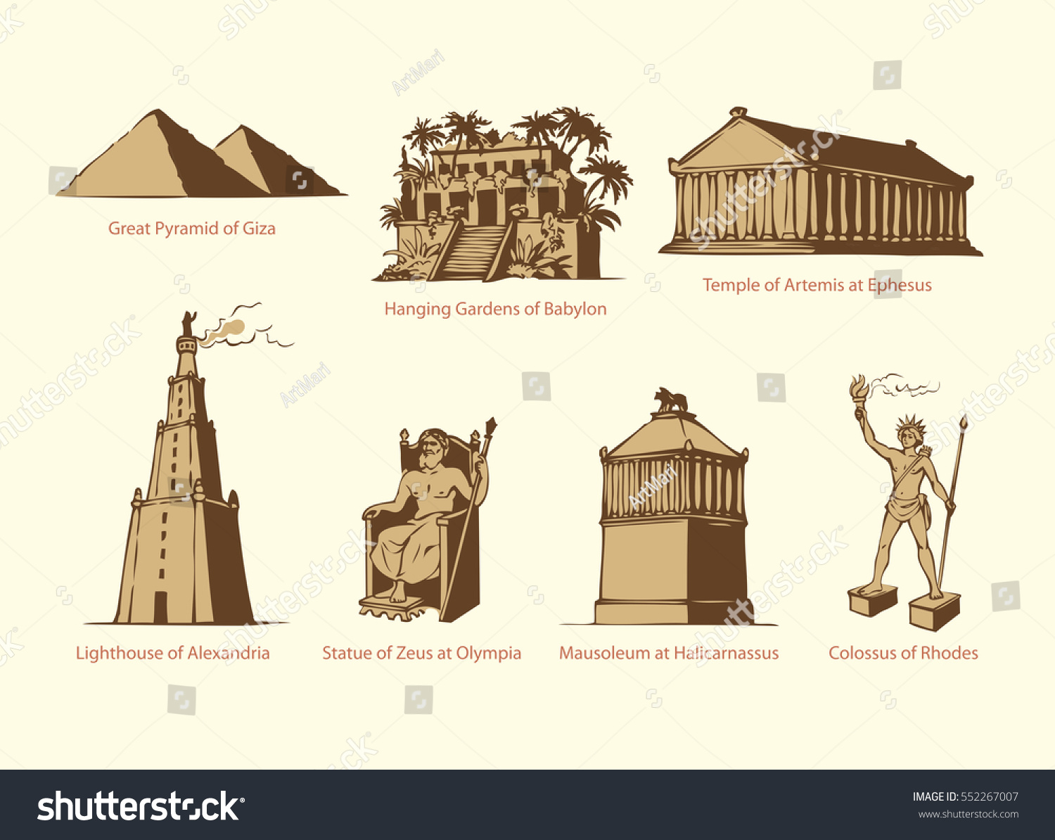 SVG of Seven Wonders of WORLD. Pyramid of Giza, Hanging Gardens of Babylon, Temple of Artemis at Ephesus, Lighthouse of Alexandria, Statue of Zeus at Olympia, Mausoleum at Halicarnassus, Colossus of Rhodes svg
