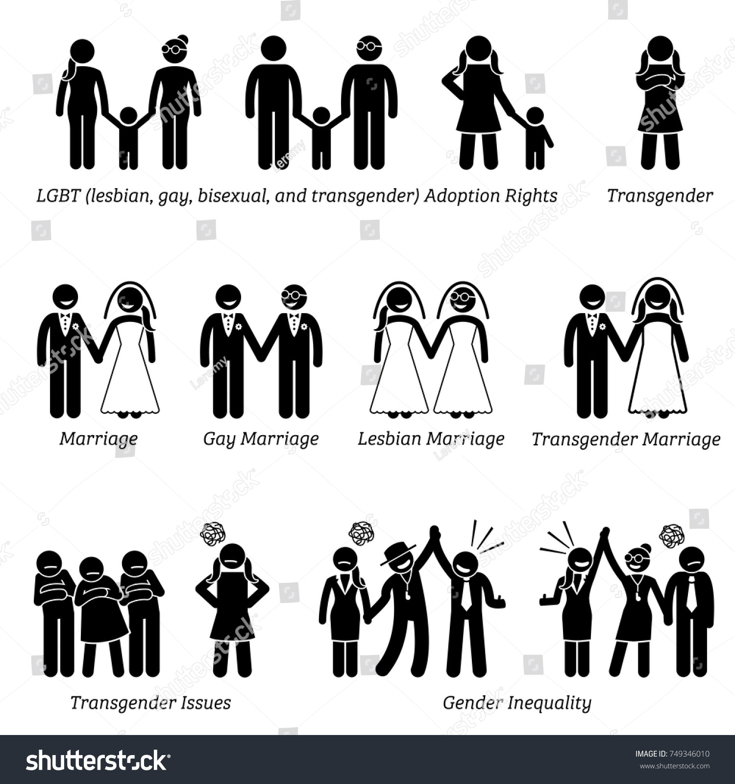 男女平等性差別社会問題スティックの絵文字のアイコン イラストは Lgbt レズビアン ゲイ バイセクシュアル トランスジェンダーの各問題について 養子縁組 結婚 男女の不平等を描いたものです のベクター画像素材 ロイヤリティフリー