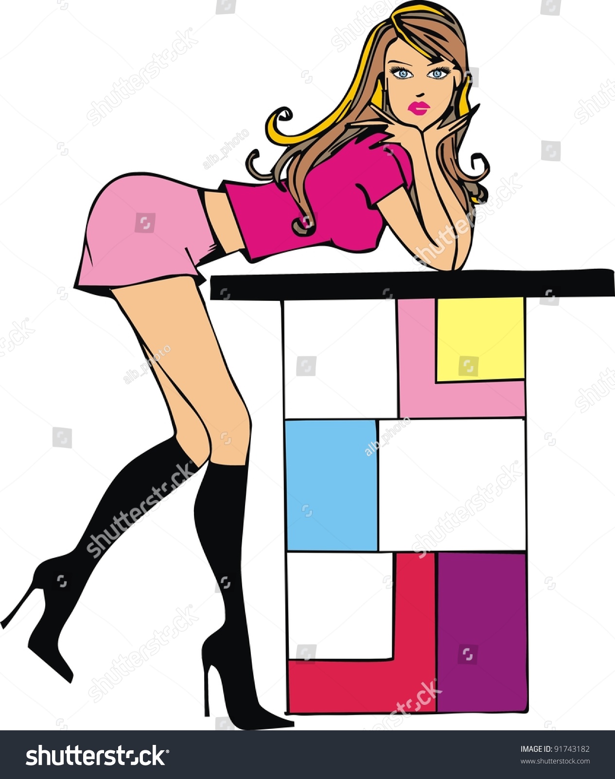 Vektor Stok Sexy Pinup Girl Lying On Counter Tanpa Royalti 91743182 Shutterstock 