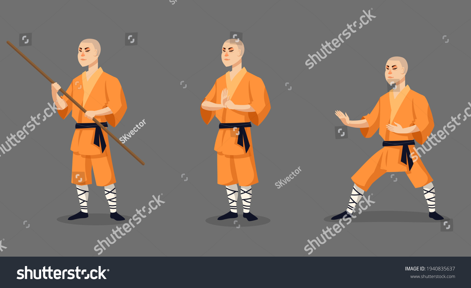 Shaolin Monk Different Poses Male Character Stock Vector (Royalty Free ...