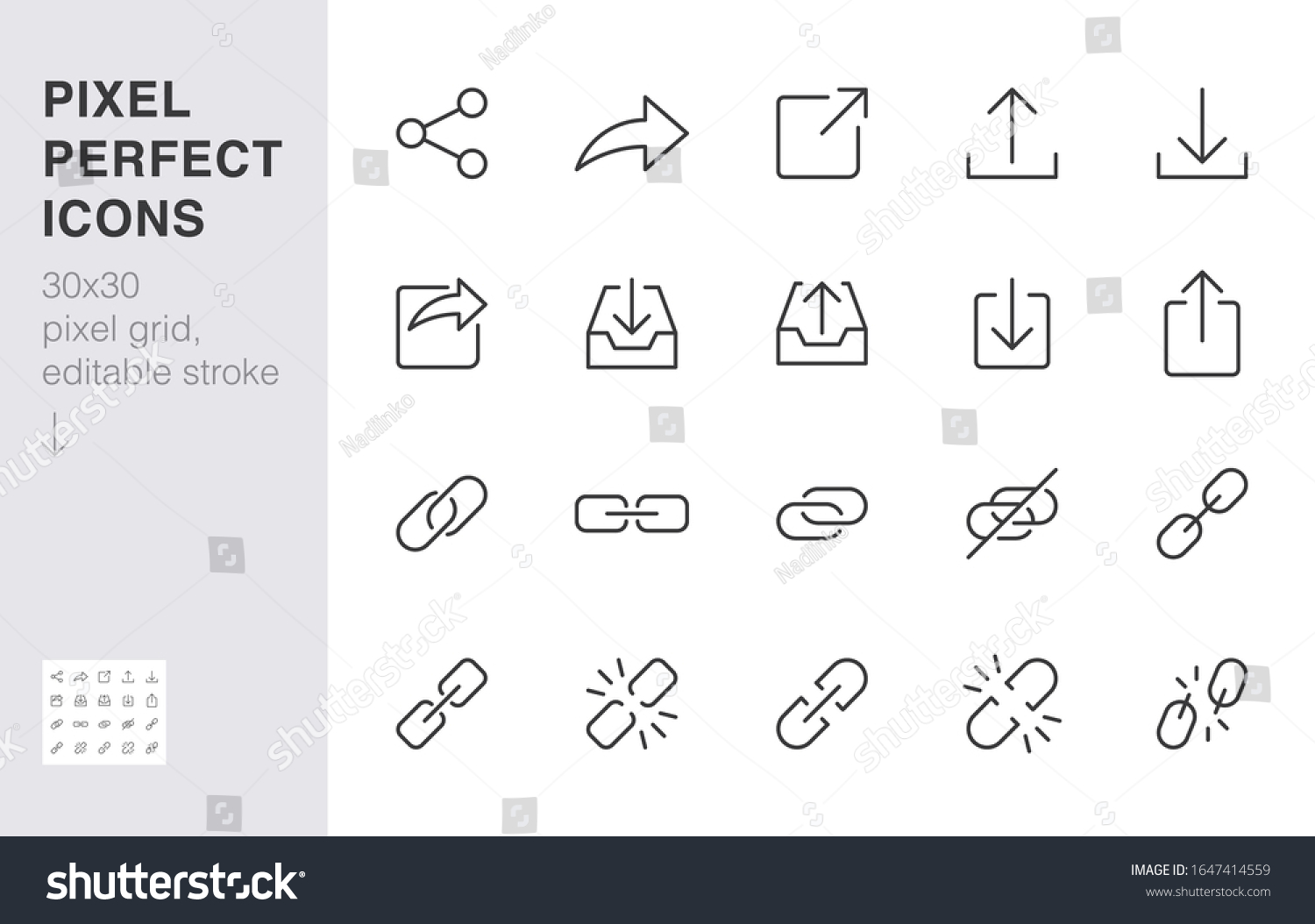 SVG of Share button line icon set. Link, broken hyperlink, download, publish, attach chain minimal vector illustrations. Simple outline signs for web application url. 30x30 Pixel Perfect. Editable Strokes. svg