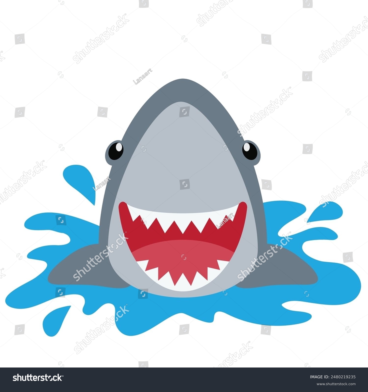 cartoon shark in water, smiling, gray and red clip art preview