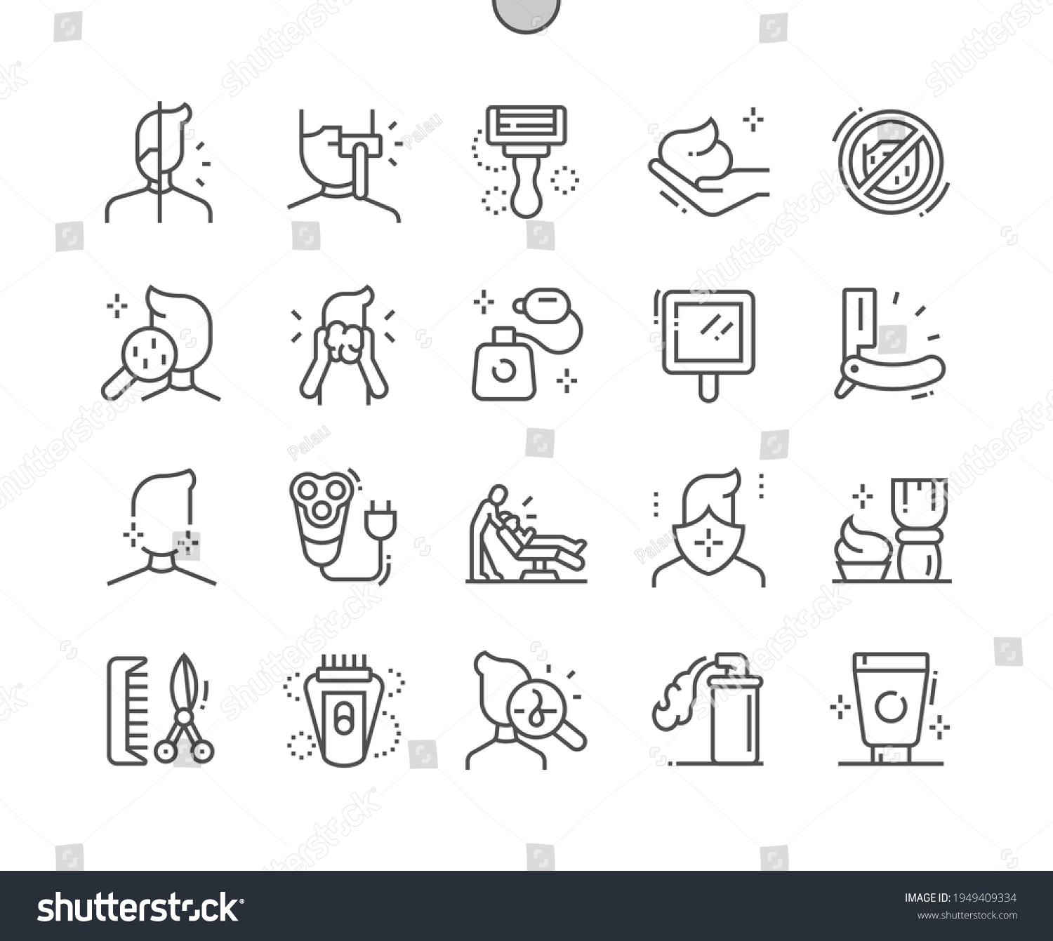 SVG of Shaving beard. Barbershop. Skin, razor, hairdresser, hairstyle, facial and moustache. Shaving cream and brush. Pixel Perfect Vector Thin Line Icons. Simple Minimal Pictogram svg