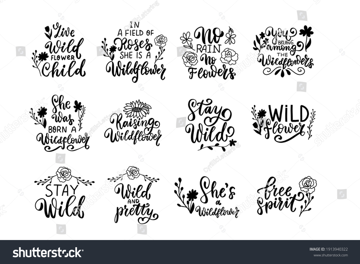 SVG of She's a wildflower. Free spirit. Live wild. Wildflowers t shirt design. Boho hand lettering quotes set. Spring flowers. Bohemian, hippie concept. Romantic love mother day doodle vector illustration svg