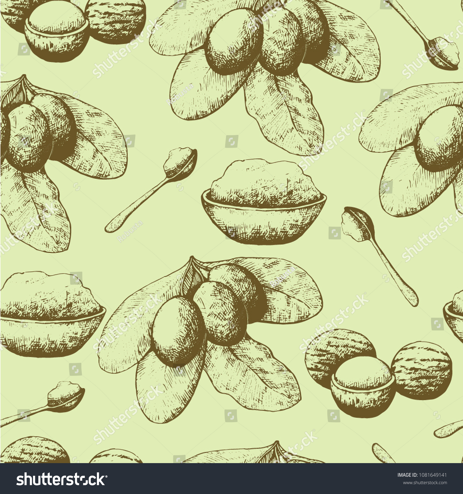 SVG of Shea nuts and butter set. Hand drawn seamless pattern svg