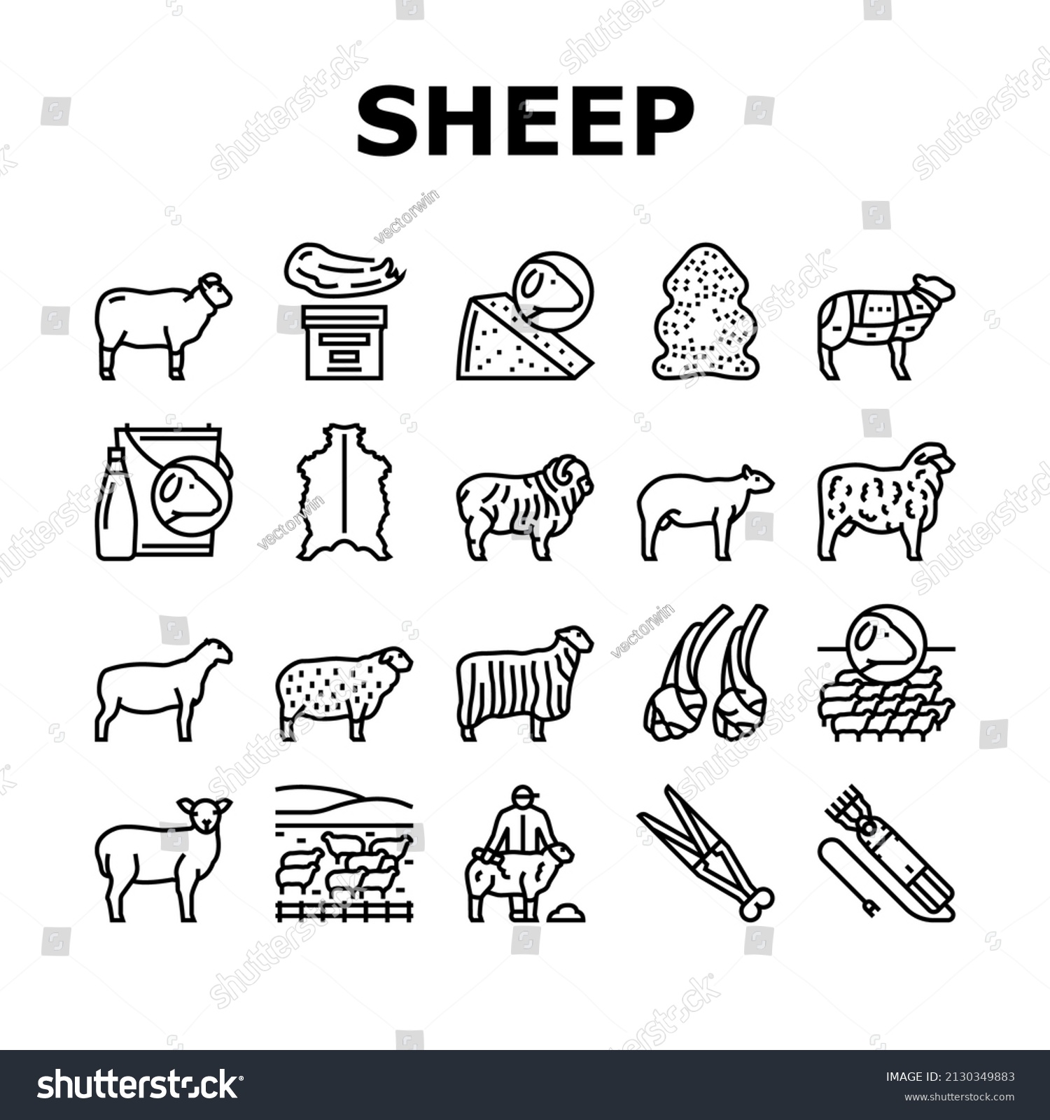 SVG of Sheep Breeding Farm Business Icons Set Vector. Sheep Breeding And Food Producing From Farmland Animal, Lamb Meat And Milk Line. Lanolin Wool Wax And Electric Devices Black Contour Illustrations svg