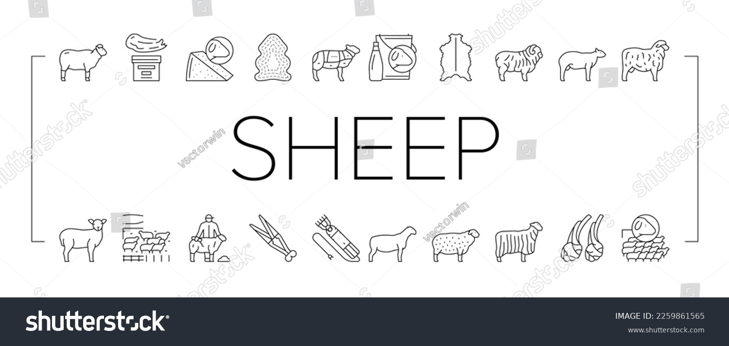 SVG of Sheep Breeding Farm Business Icons Set Vector. Sheep Breeding And Food Producing From Farmland Animal, Lamb Meat And Milk Line. Lanolin Wool Wax And Electric Devices Black Contour Illustrations svg