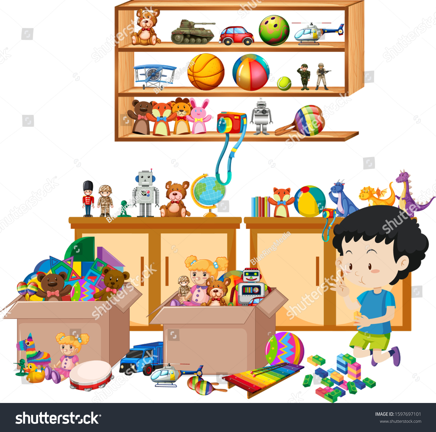 Shelf Full Books Toys On White Stock Vector Royalty Free