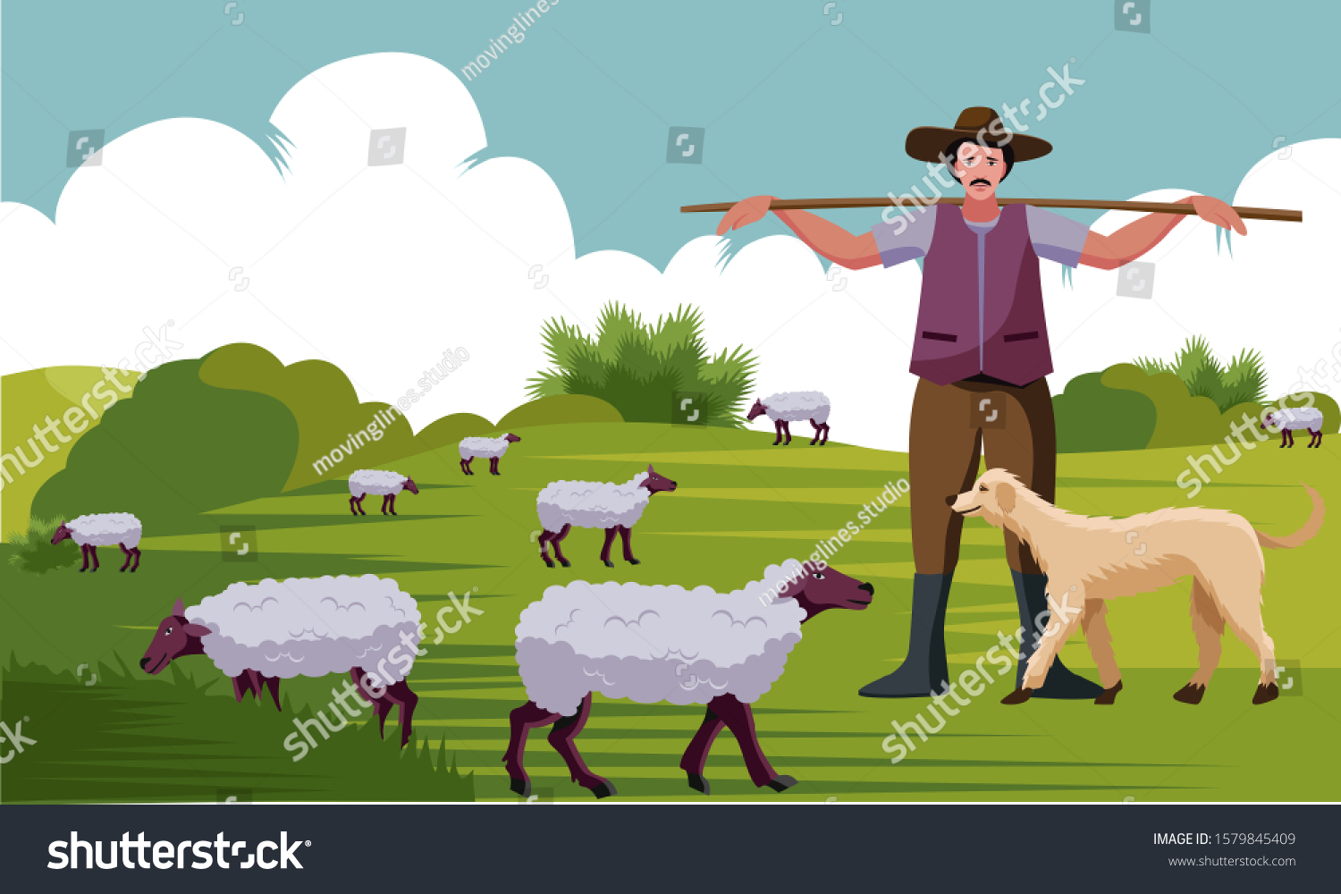 Shepherd Stick Dogs Herding Sheep Vector Stock Vector (Royalty Free