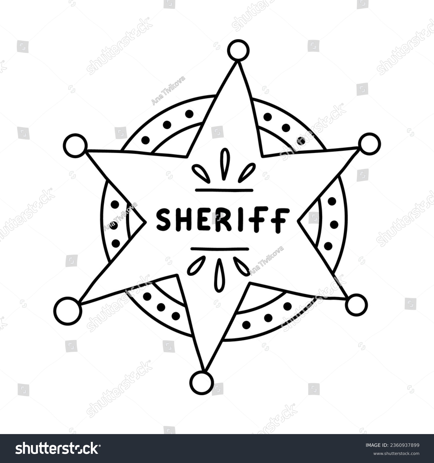 SVG of Sheriff badge doodle in the star shape with hand drawn outline. Cute hexagonal emblem of western police, sign of law, security, justice. Wild West cowboy symbol with shields isolated on background svg