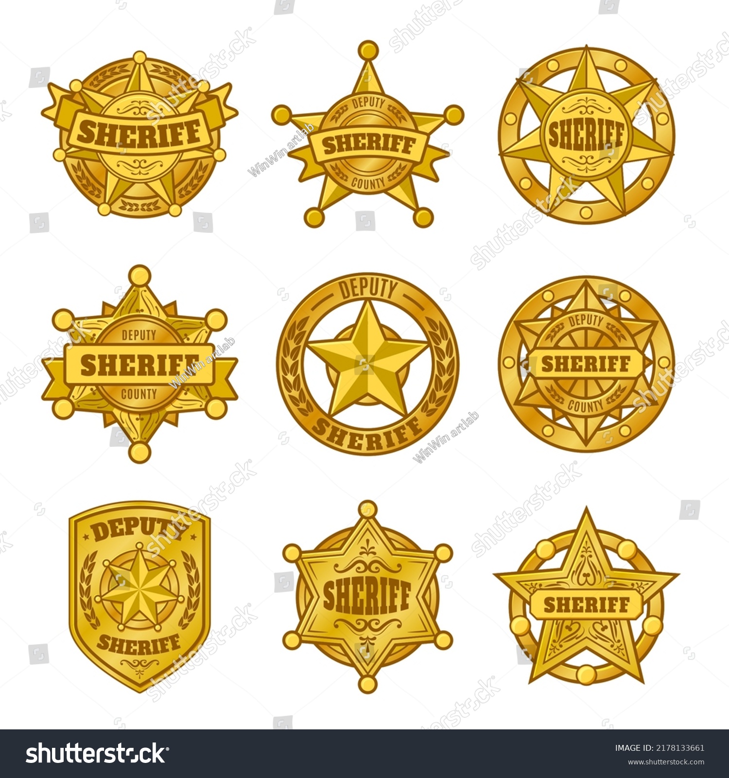 SVG of Sheriff badges. Police department emblem, golden badge with star of official representative of law. Symbols vector set. Crime prevention and investigation service signs with shields svg