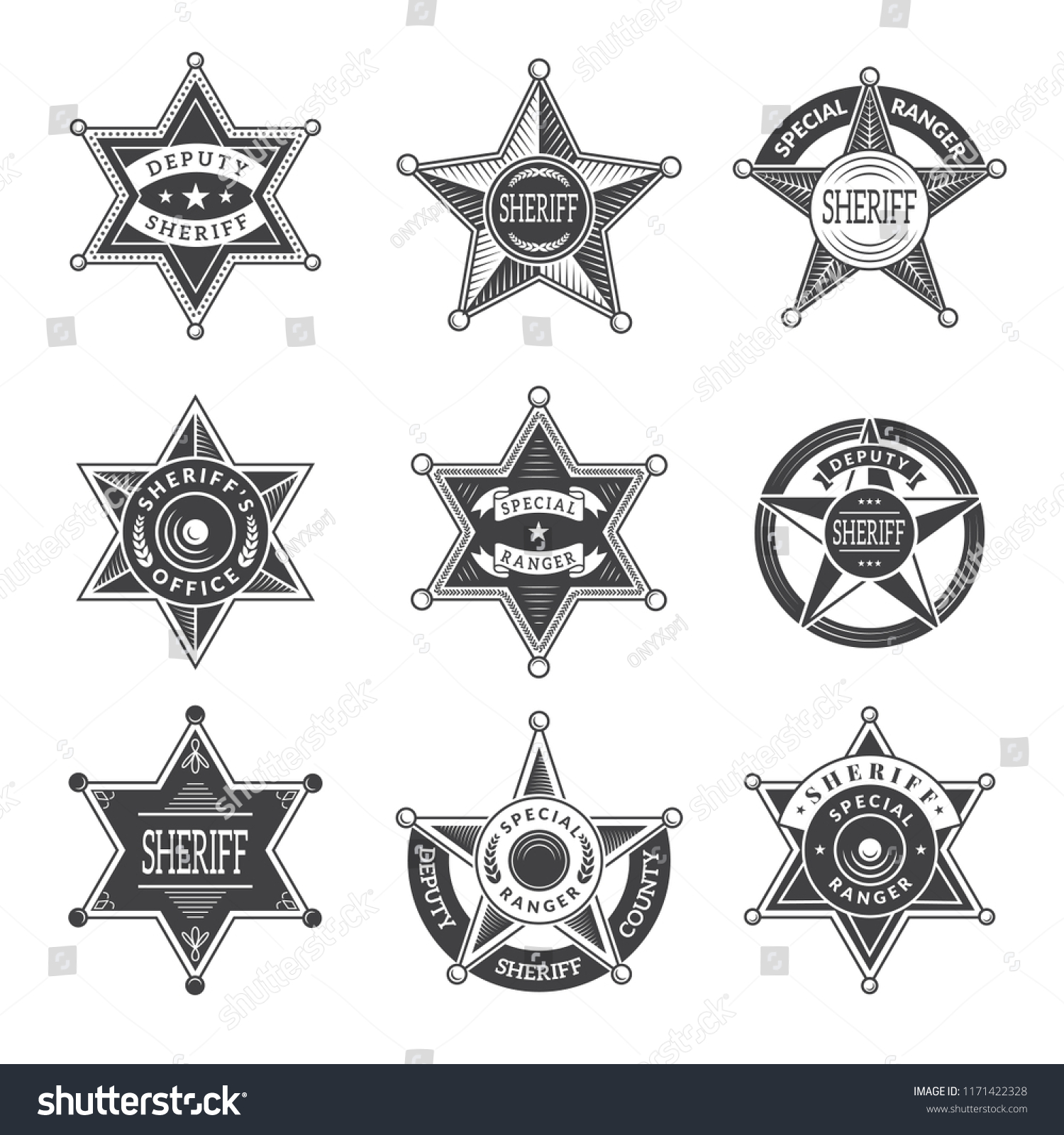 SVG of Sheriff stars badges. Western star texas and rangers shields or logos vintage vector pictures. Illustration of texas star, ranger sheriff badge svg