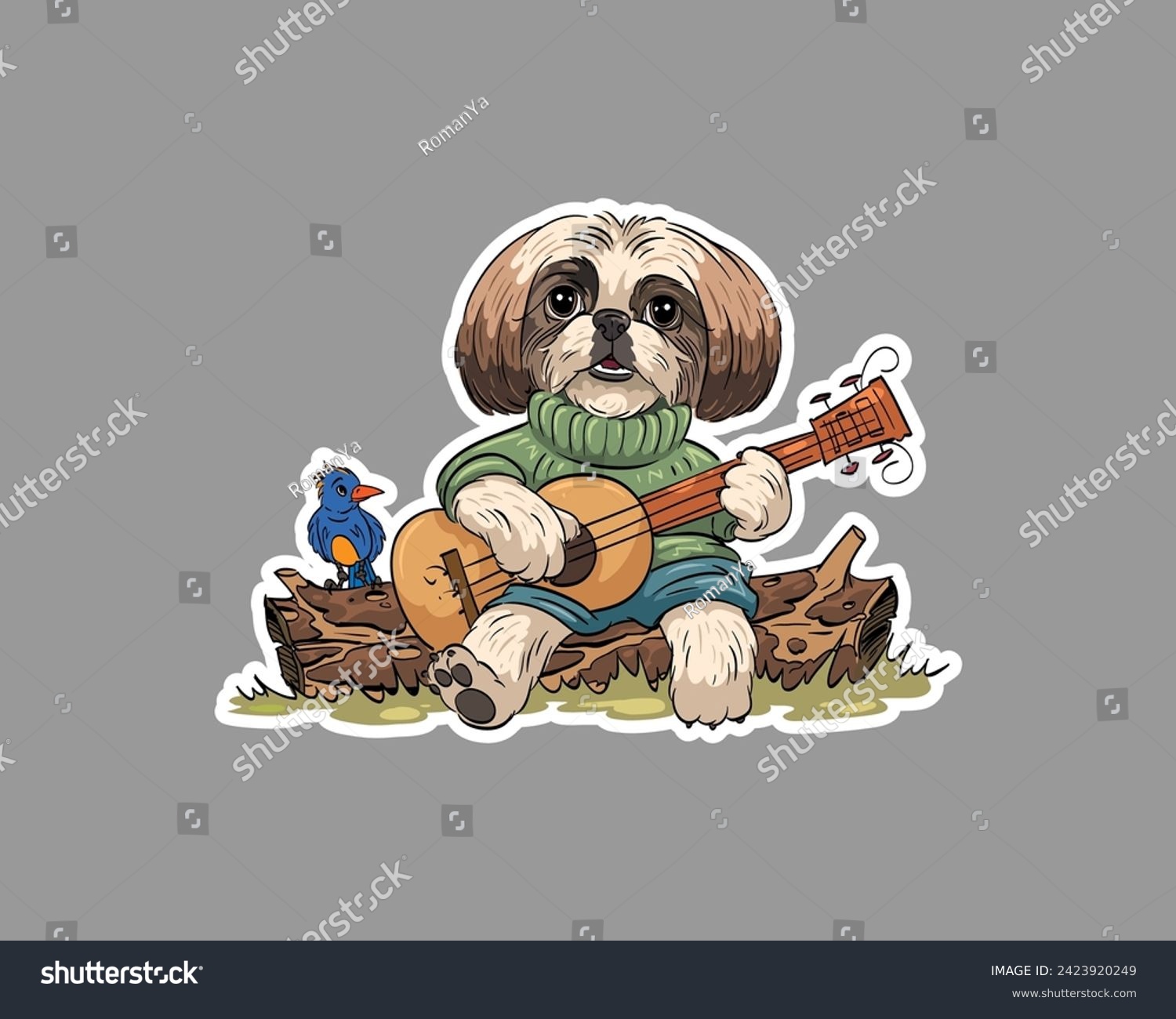 SVG of Shih tzu breed dog sits on a stump plays the guitar. Sticker style. Cute puppy portrait. Hand drawn vector illustration.  svg