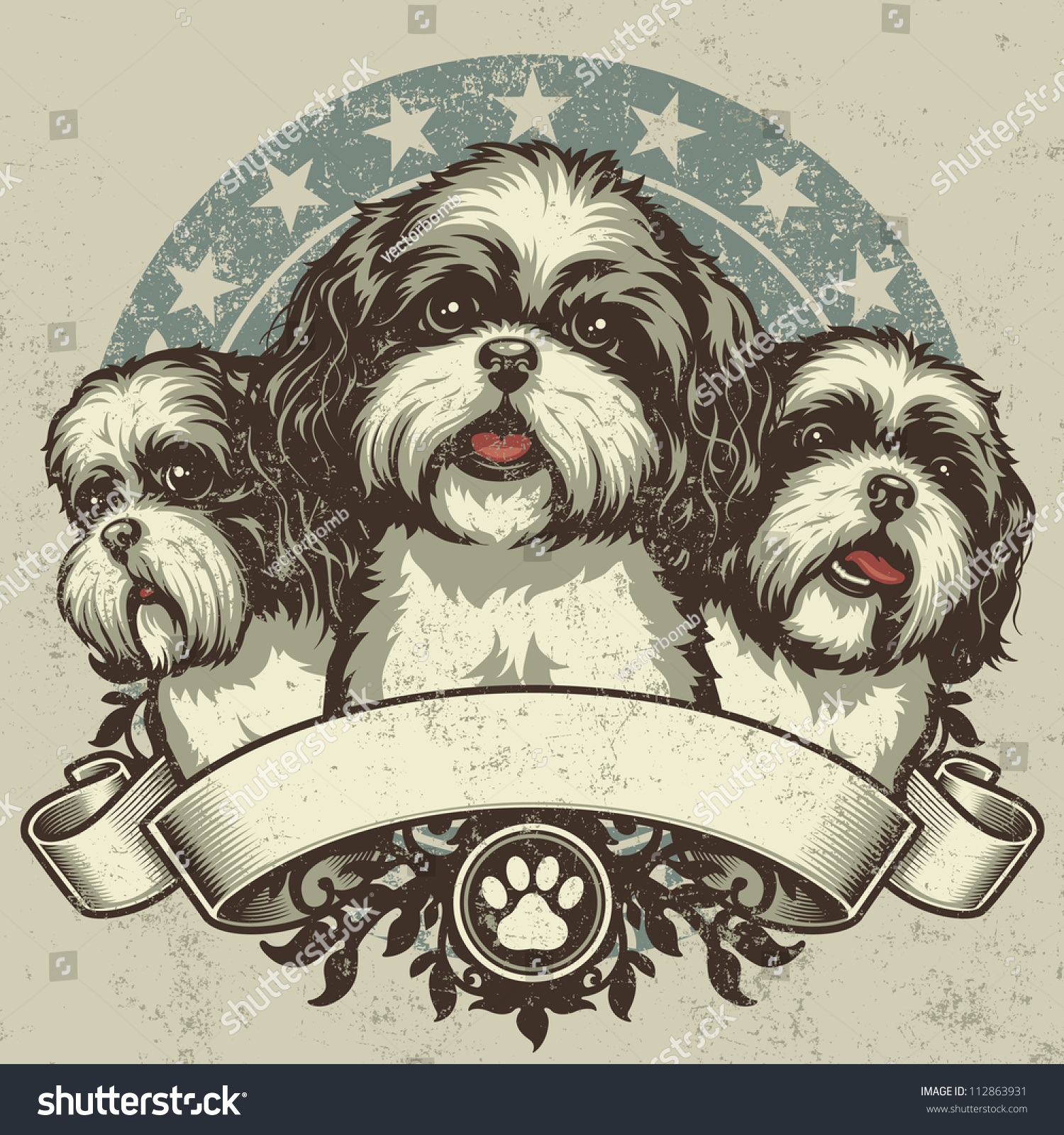 SVG of Shih Tzu Crest Design. Vector illustration of three purebred Shih Tzu dogs (front and profile view) sitting proudly over a grunge banner and floral design elements. svg